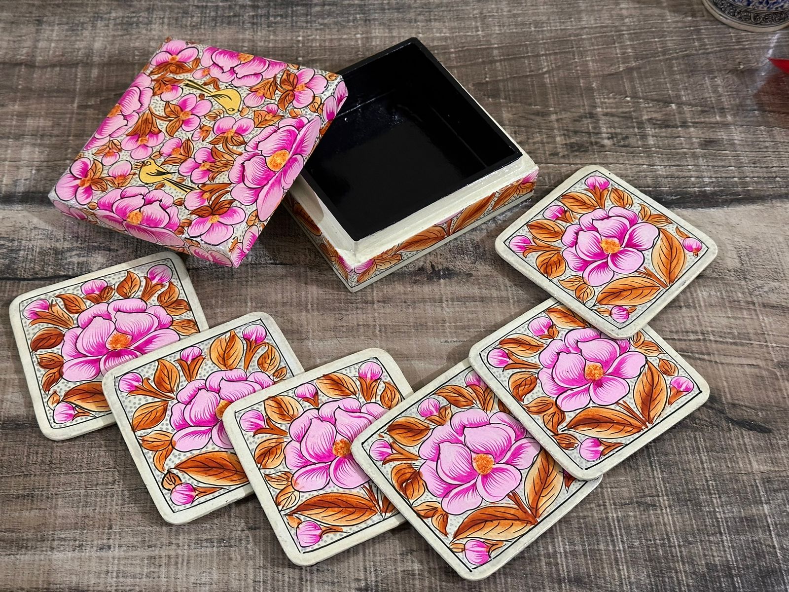 Kashmiri Paper Mache Coaster Set ( 6 coasters ) with Trinket Box . Hand Painted Kashmiri Paper Mache Box
